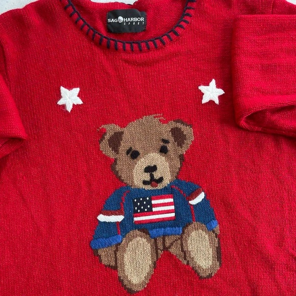 Vintage Sag Harbor Sport Red Knit Teddy Bear & Stars American Flag Sweater - Picture 3 of 5